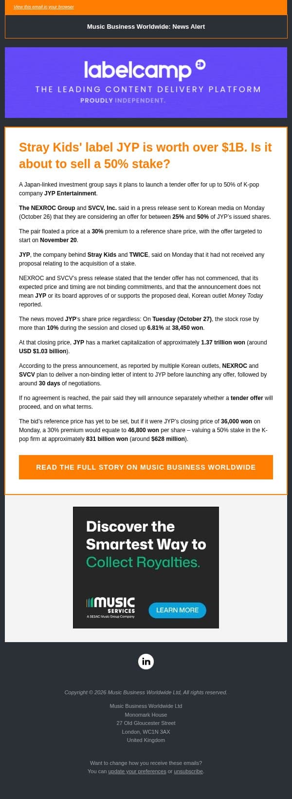 đź”¶ Stray Kids' label JYP is worth over $1B. Is it about to sell a 50% stake? email from Music Business Worldwide screenshot
