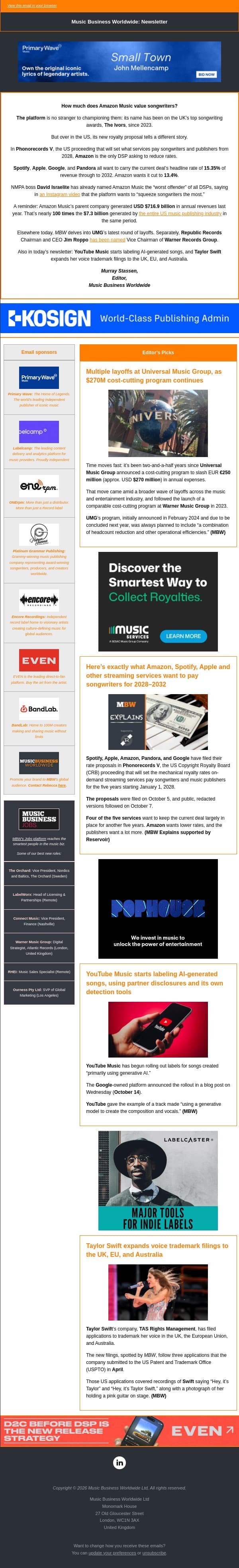 ✍️ How much are songwriters worth to Amazon? email from Music Business Worldwide screenshot