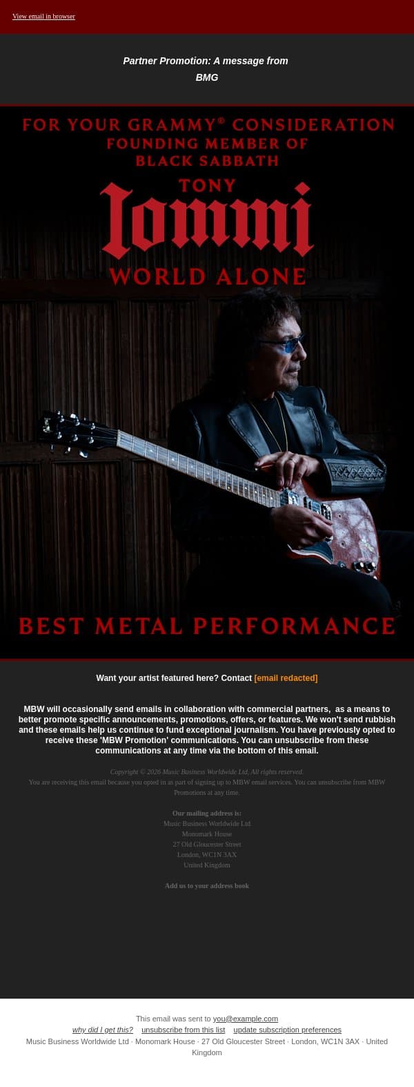 Tony Iommi: For Your GRAMMY® Consideration email from Music Business Worldwide screenshot