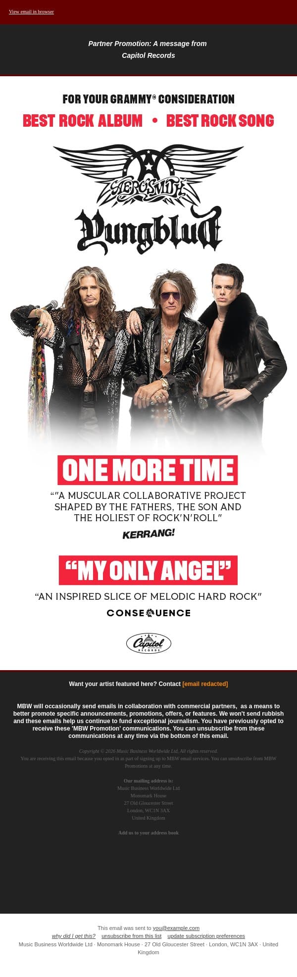 Aerosmith & Yungblud - 'One More Time': For Your GRAMMY® Consideration email from Music Business Worldwide screenshot