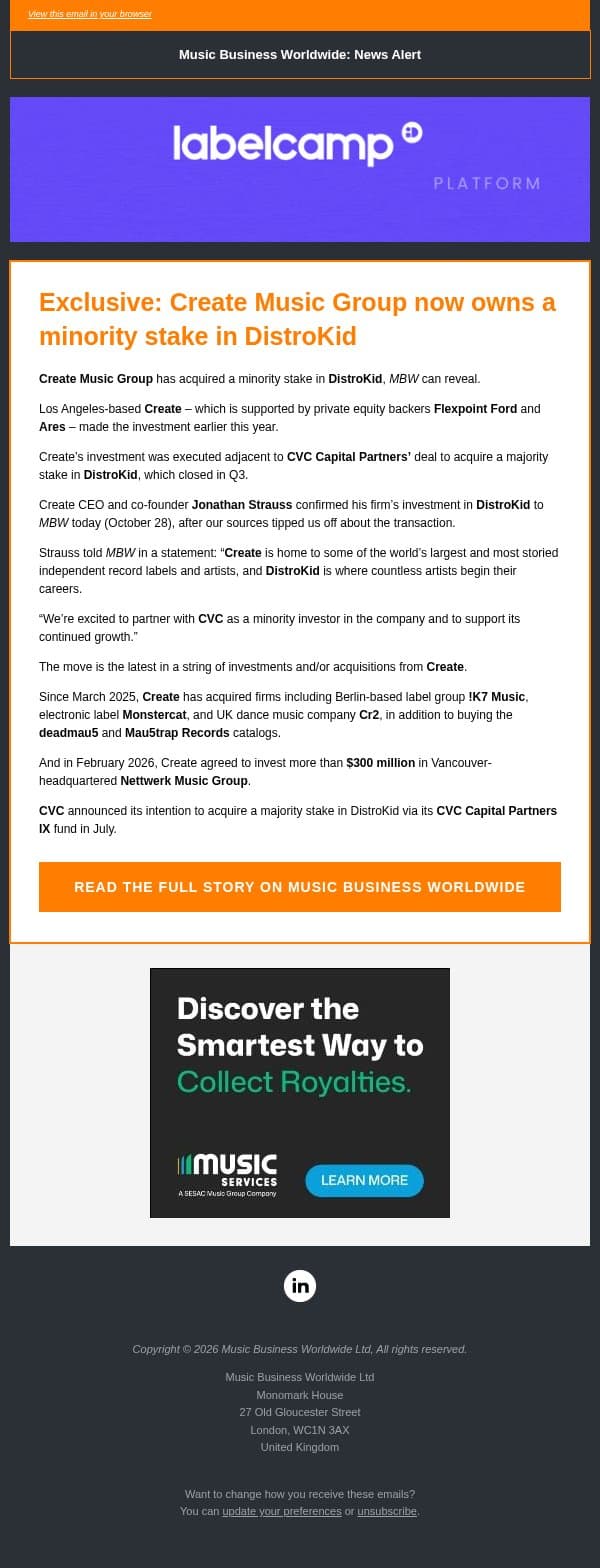 🔶 Create buys minority stake in DistroKid email from Music Business Worldwide screenshot
