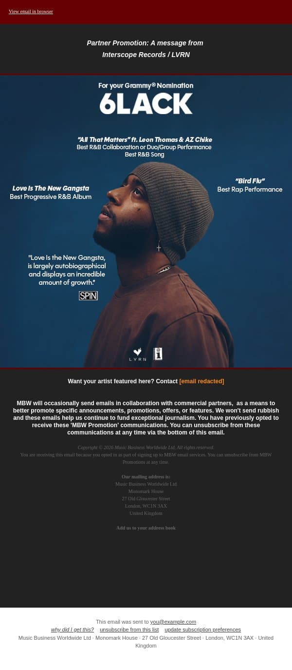 6lack: For Your GRAMMY® Consideration email from Music Business Worldwide screenshot