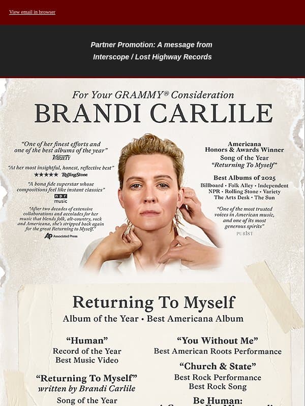 Brandi Carlile: For Your GRAMMY® Consideration email from Music Business Worldwide