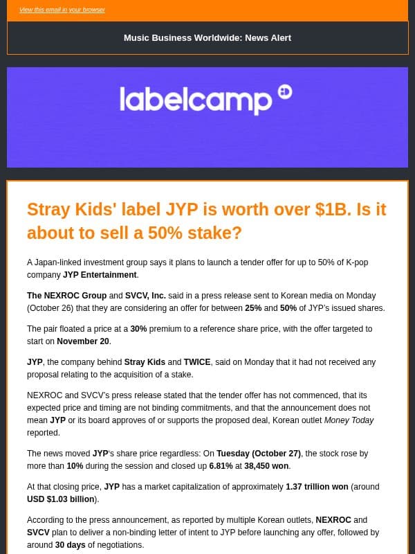 🔶 Stray Kids' label JYP is worth over $1B. Is it about to sell a 50% stake? email from Music Business Worldwide