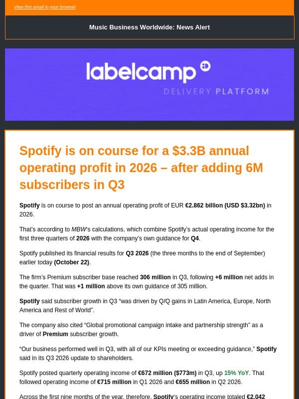 🔶 Spotify Set for Giant $3B+ Profit in 2026 email from Music Business Worldwide