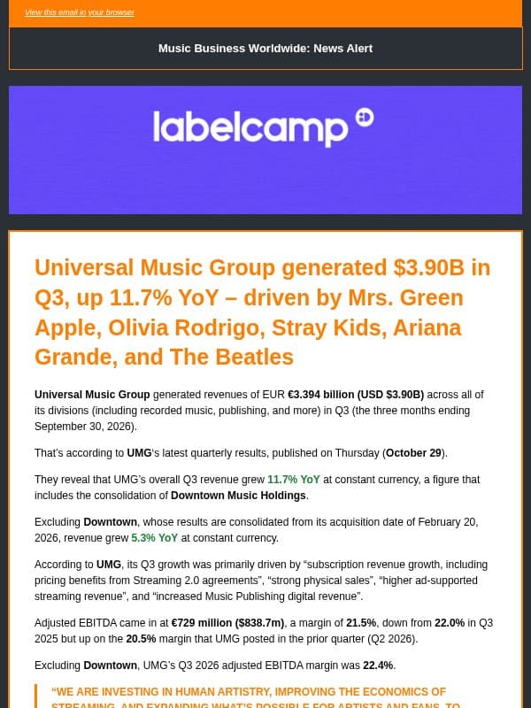 🔶 Universal Music Group generated $3.90B in Q3, up 11.7% YoY – driven by Mrs. Green Apple, Olivia Rodrigo, Stray Kids, Ariana Grande, and The Beatles email from Music Business Worldwide