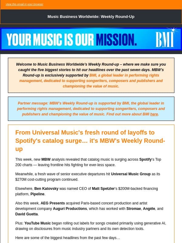 📌 From Universal Music's fresh round of layoffs to Spotify's catalog surge… it's MBW's Weekly Round-up email from Music Business Worldwide