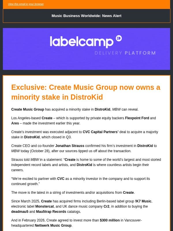 🔶 Create buys minority stake in DistroKid email from Music Business Worldwide
