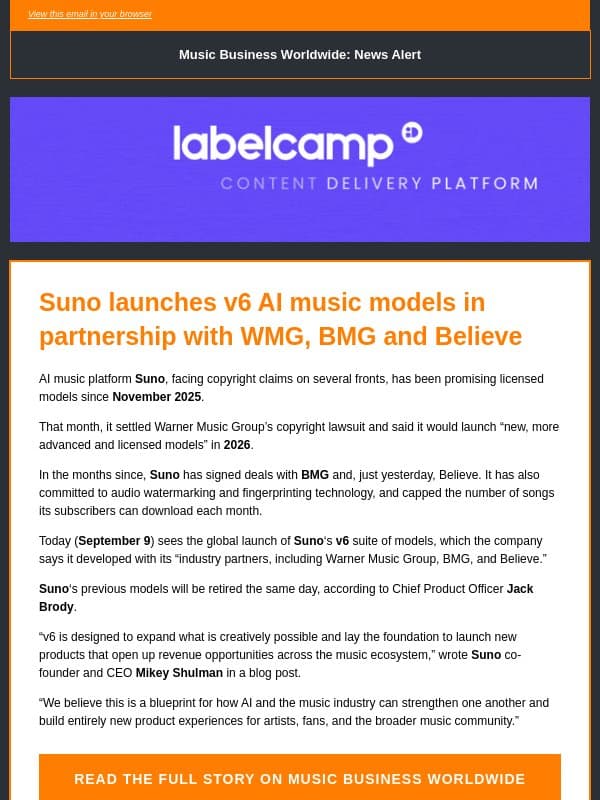 🔶 Suno's v6 is here email from Music Business Worldwide