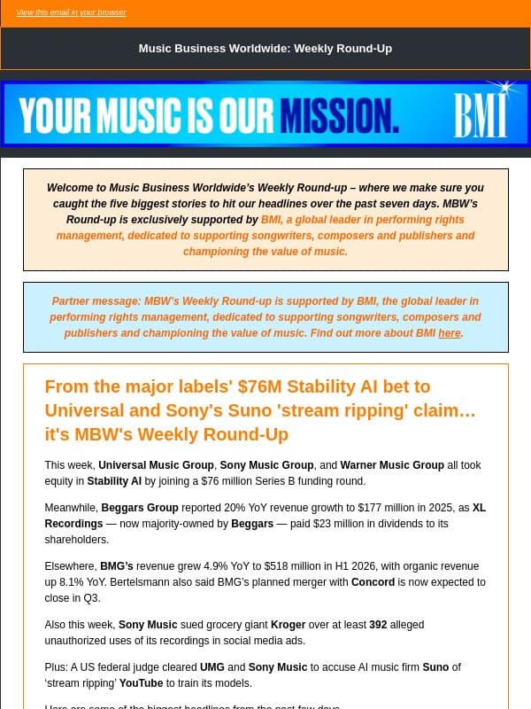 📌 From the major labels' $76M Stability AI bet to Universal and Sony's Suno 'stream ripping' claim… it's MBW's Weekly Round-Up email from Music Business Worldwide