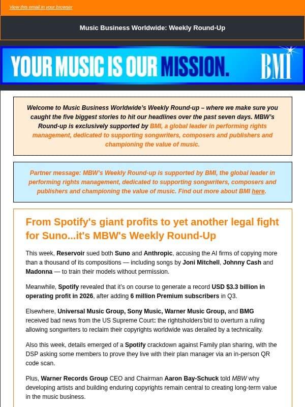 📌 From Spotify's giant profits to yet another legal fight for Suno...it's MBW's Weekly Round-Up email from Music Business Worldwide