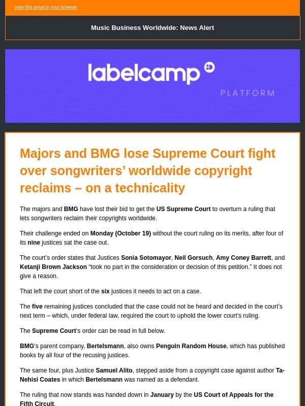 🔶 Majors and BMG lose Supreme Court fight over songwriters’ worldwide copyright reclaims – on a technicality email from Music Business Worldwide