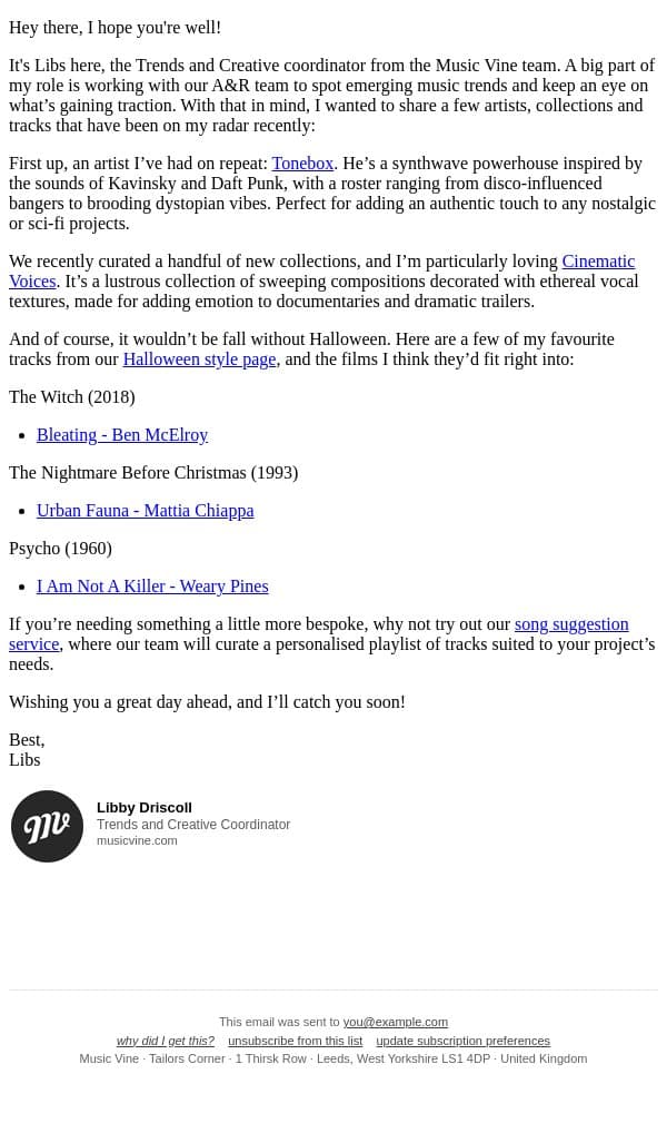 Fall selects from the Music Vine team email from Music Vine screenshot
