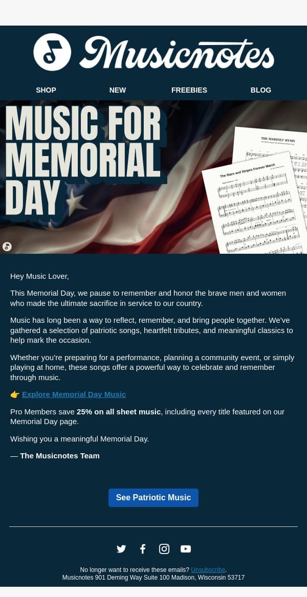 Honor Memorial Day Through Music🎶 email from Musicnotes screenshot