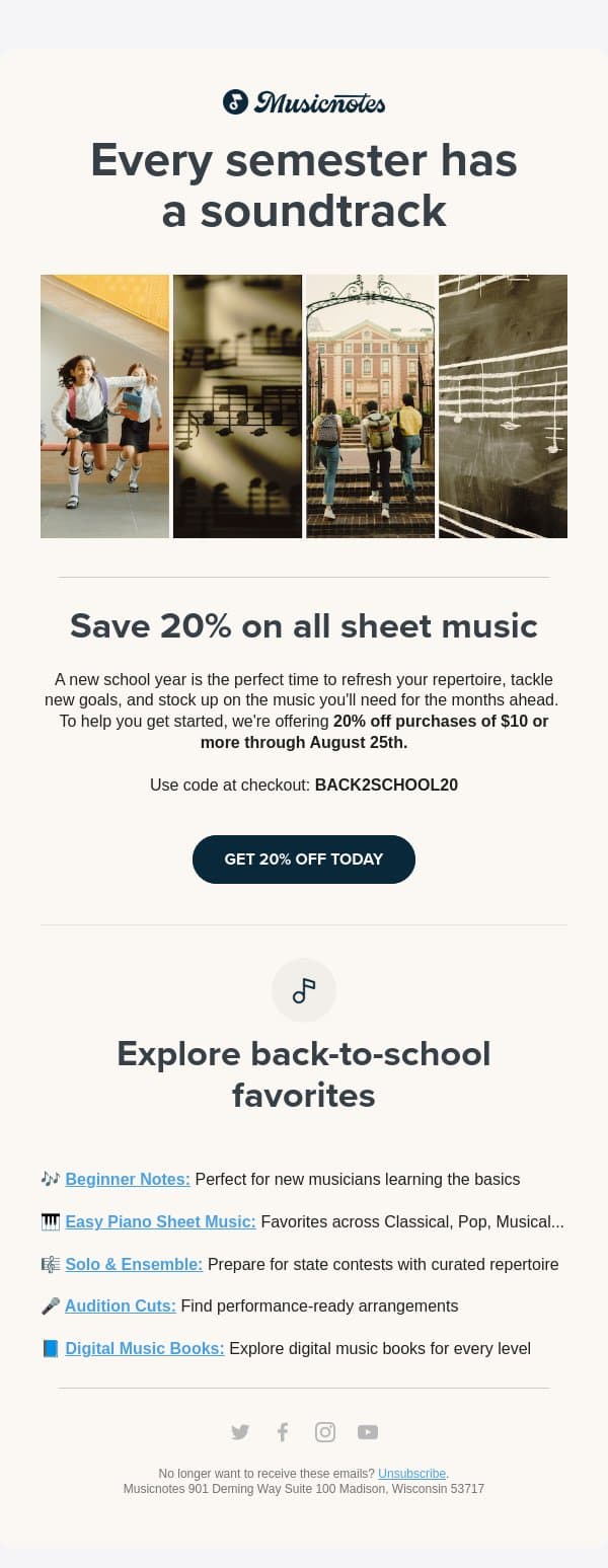 Save 20% on Back-to-School Music email from Musicnotes screenshot