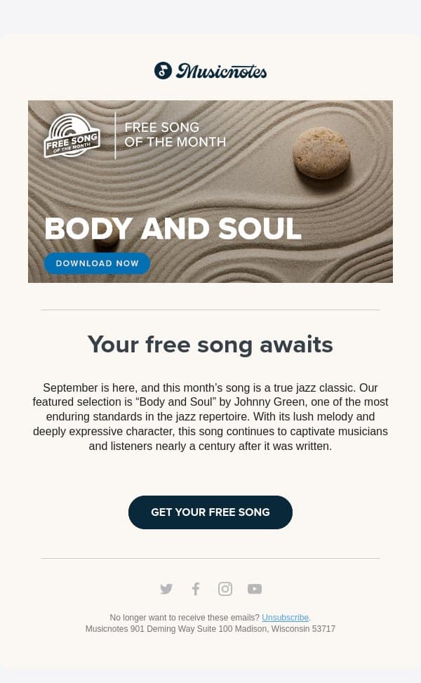 Claim Your Free Song Today! email from Musicnotes screenshot