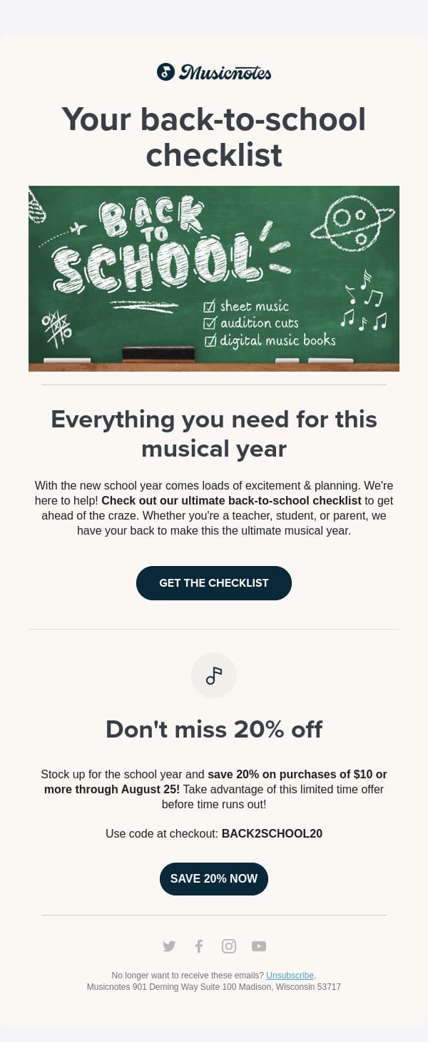 Your Ultimate Back-to-School Checklist! email from Musicnotes screenshot