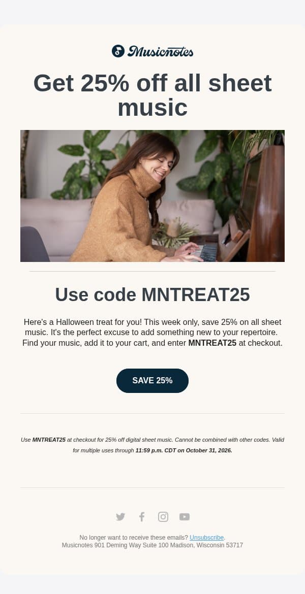A treat for you: 25% off! email from Musicnotes screenshot