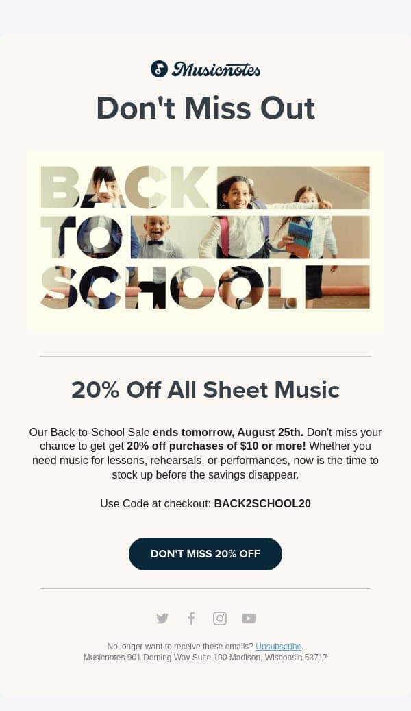 20% Off Ends Tomorrow at Midnight email from Musicnotes screenshot
