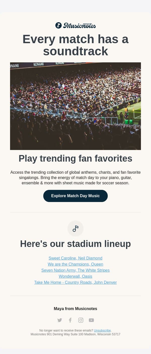 Bring the stadium sounds home email from Musicnotes screenshot