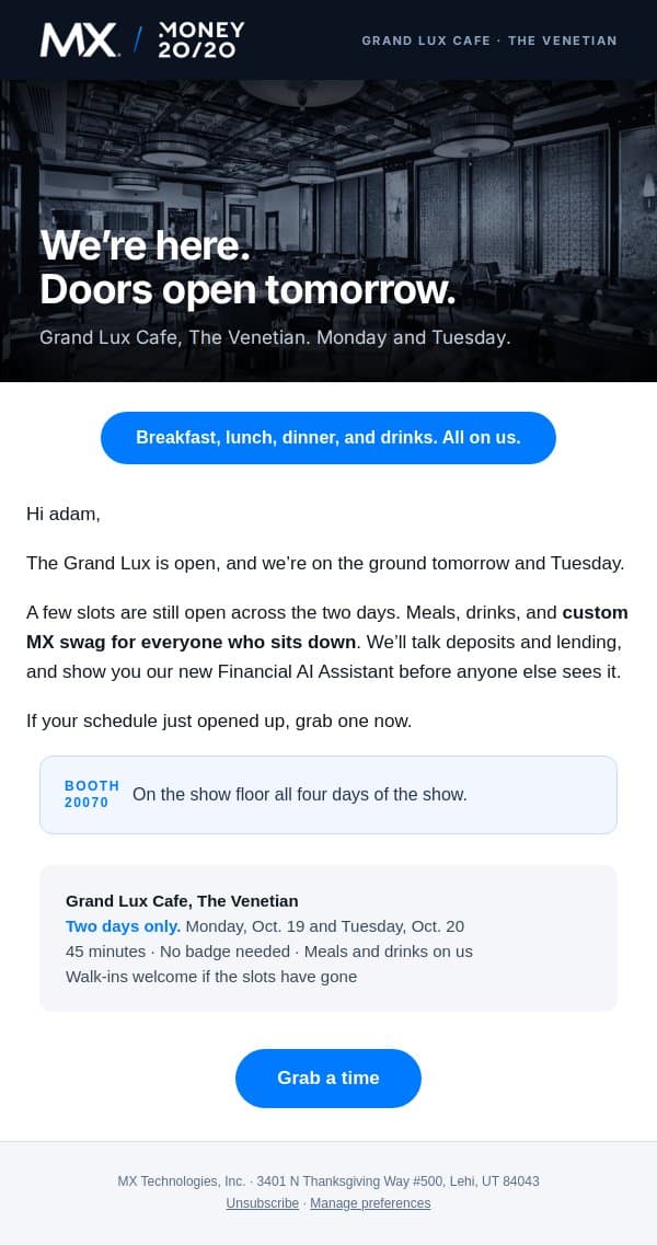 Your last-minute plans? A meal with MX. email from MX screenshot