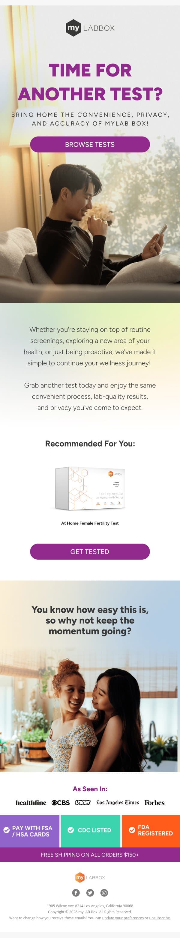 Time for another test? email from myLAB Box screenshot