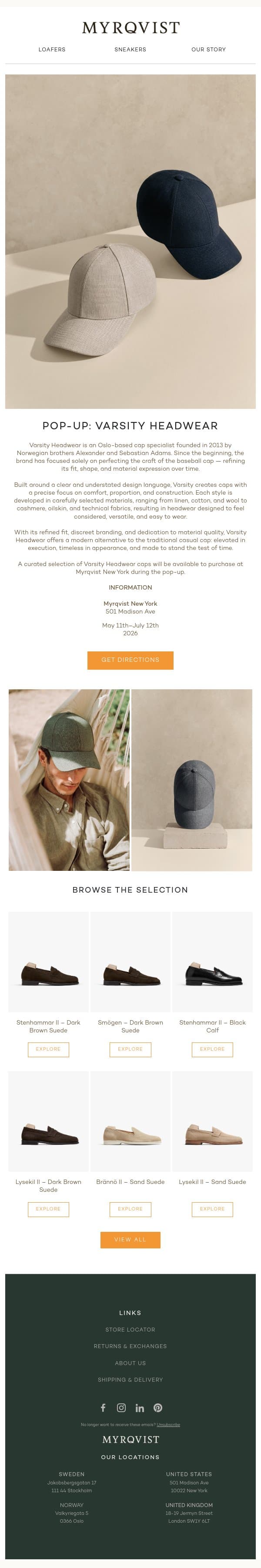 Pop-Up: Varsity Headwear x Myrqvist email from Myrqvist screenshot