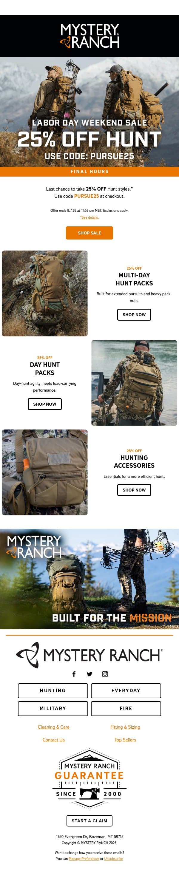 Final Hours for 25% Off Hunt email from Mystery Ranch screenshot