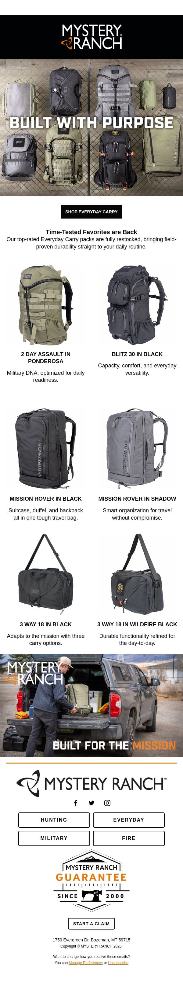 Everyday Favorites Restocked email from Mystery Ranch screenshot