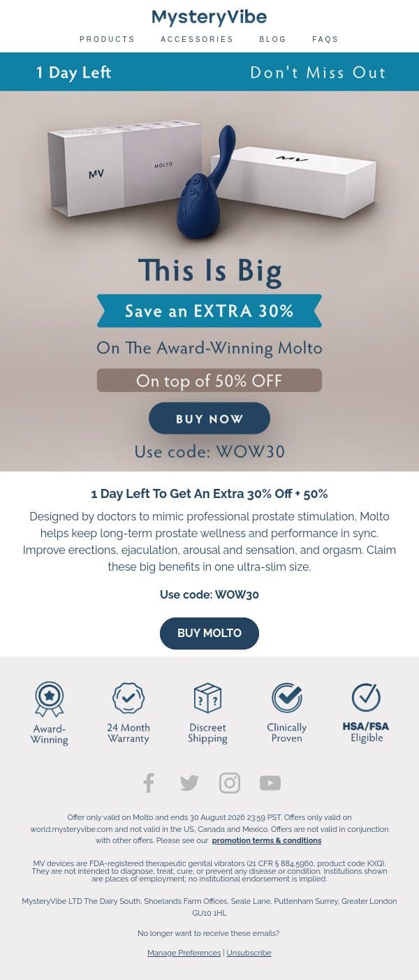 Last Chance❗ Save An Extra 30% + 50% On Molto🔥 email from MysteryVibe screenshot