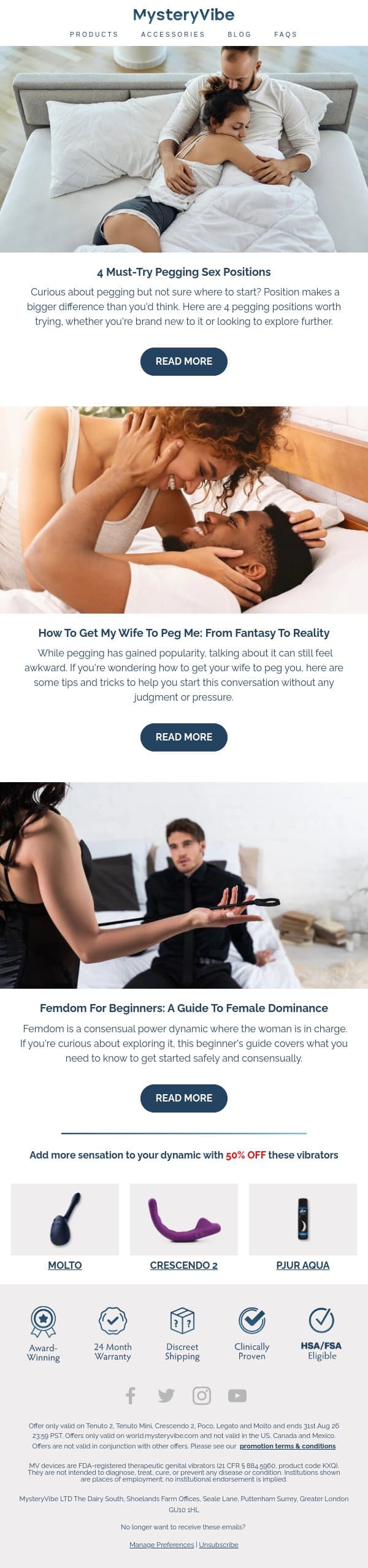 4 Must-Try P*gging S*x Positions email from MysteryVibe screenshot