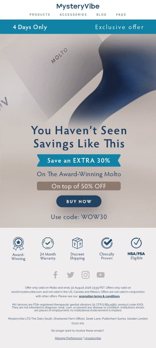 This Is BIG💲 EXTRA 30% + 50% OFF Molto email from MysteryVibe screenshot