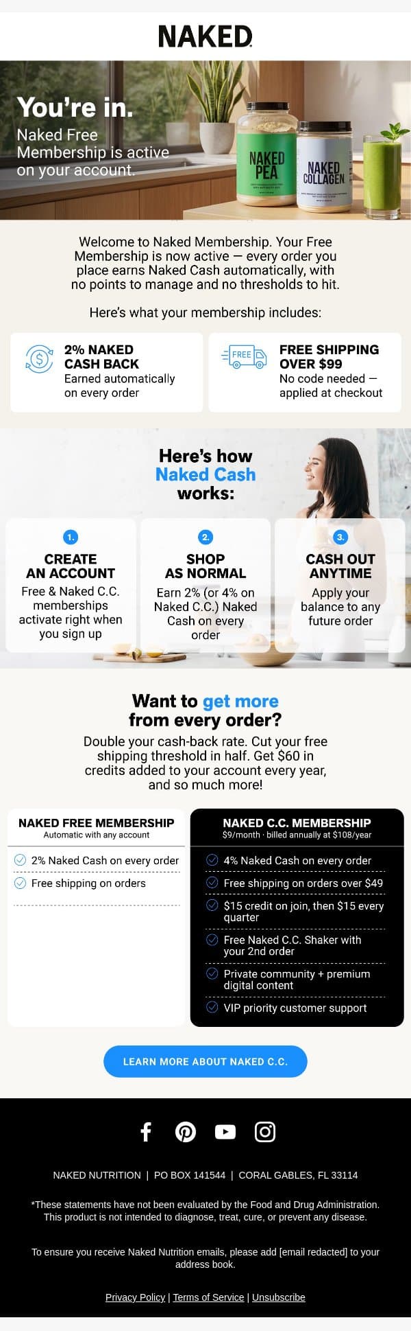 Your Naked Free membership is activated! email from Naked Nutrition screenshot