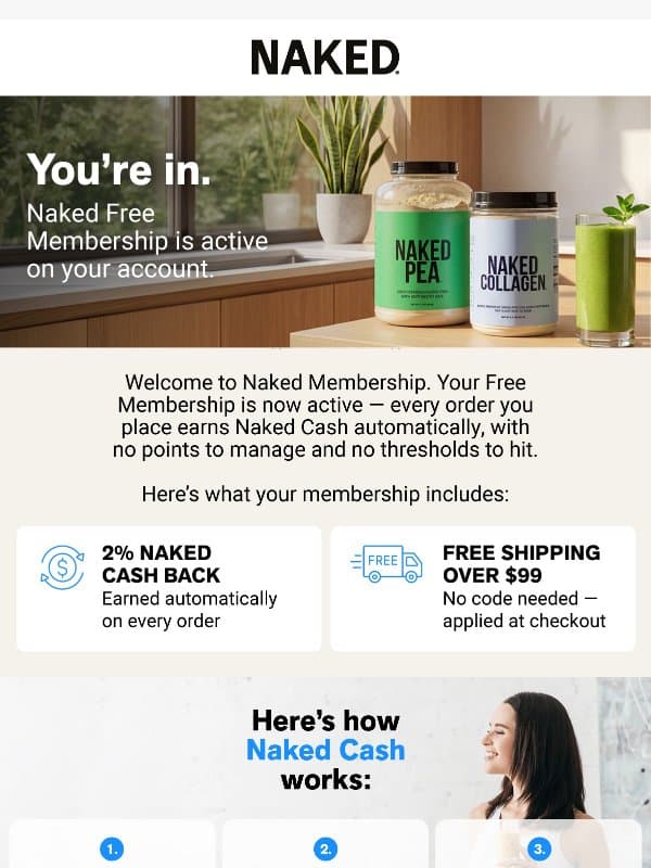 Your Naked Free membership is activated! email from Naked Nutrition