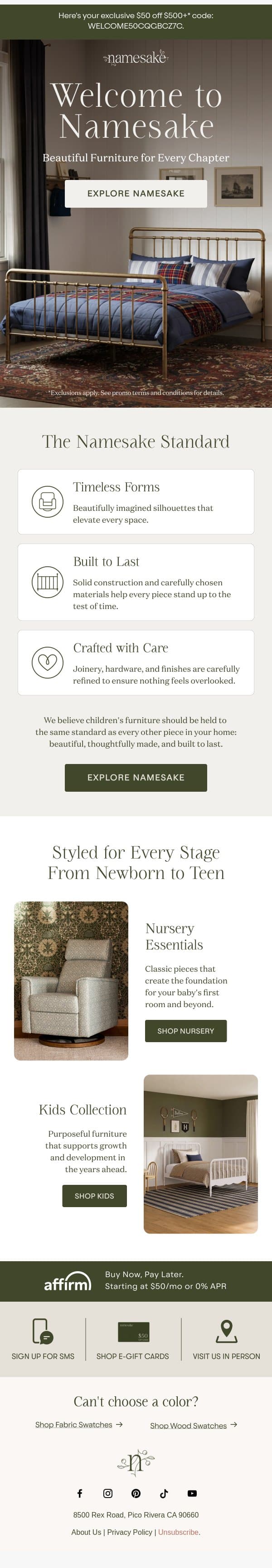 Furniture for every room they'll grow into email from Namesake screenshot