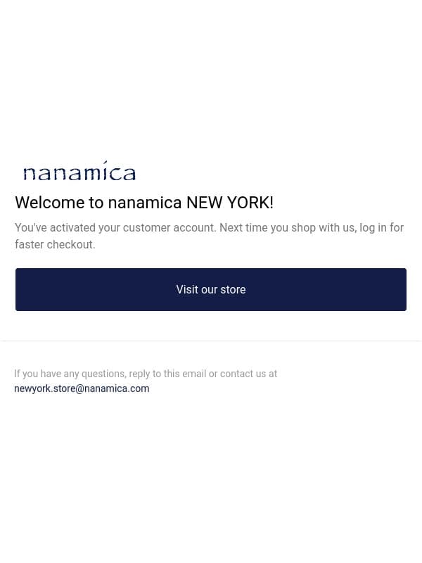 Customer account confirmation email from nanamica screenshot