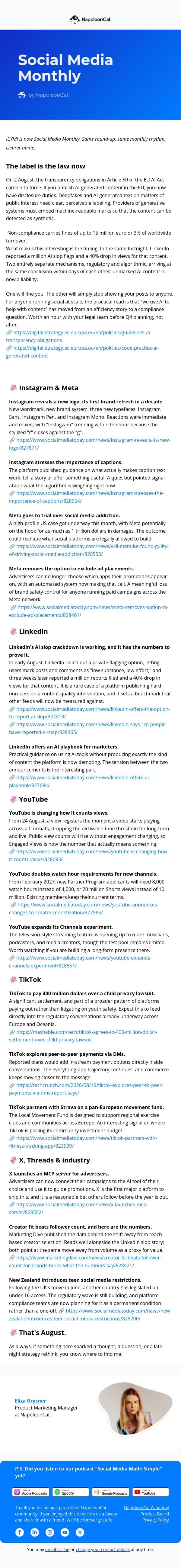 🦑 Social Media Monthly - August email from NapoleonCat screenshot