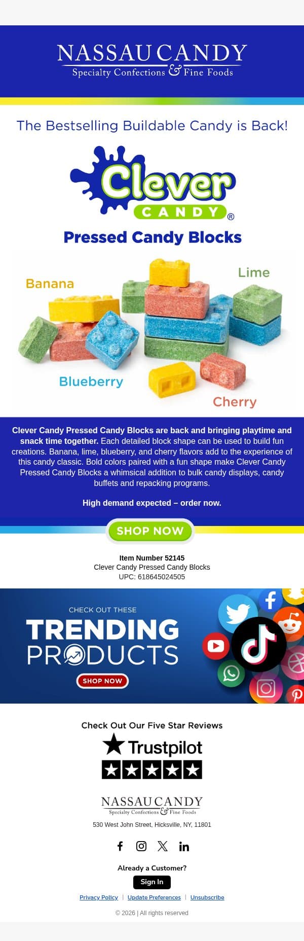 Clever Candy Blocks – Back in Stock email from NassauCandy screenshot