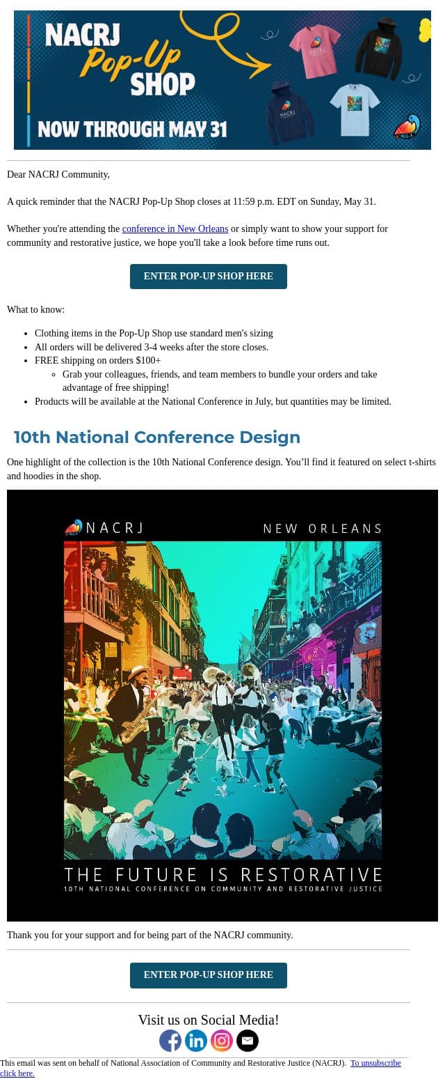 Reminder: NACRJ Pop-Up Shop Closes Sun, May 31 email from National Association of Community and Restorative Justice (NACRJ) screenshot