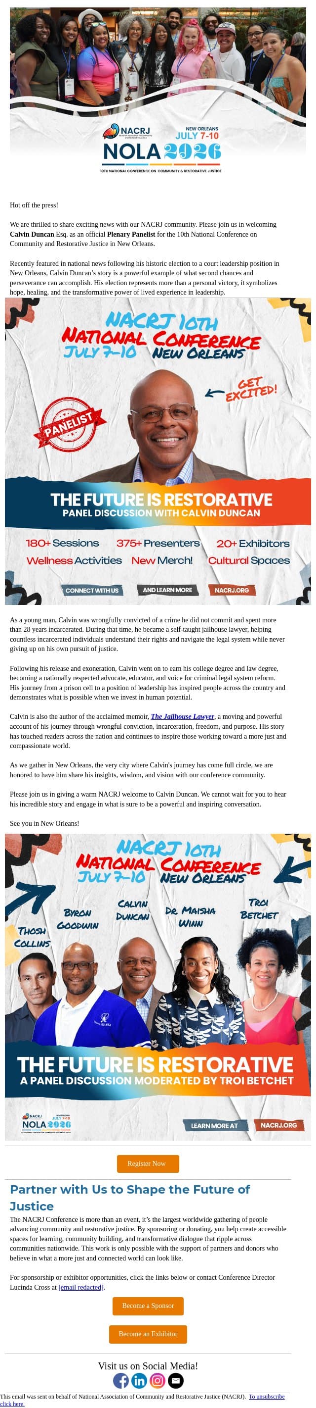 NACRJ Speaker Announcement: Calvin Duncan email from National Association of Community and Restorative Justice (NACRJ) screenshot