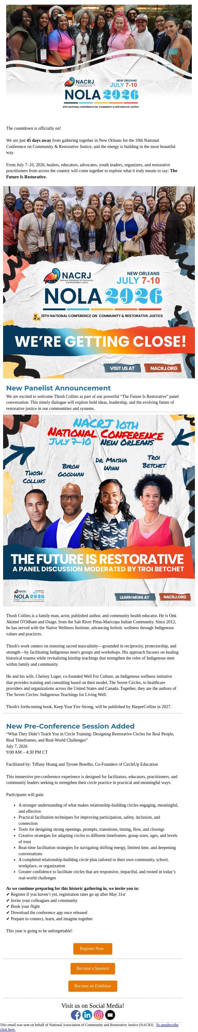 NACRJ 2026: We're Almost There! + Announcing Speaker Thosh Collins email from National Association of Community and Restorative Justice (NACRJ) screenshot