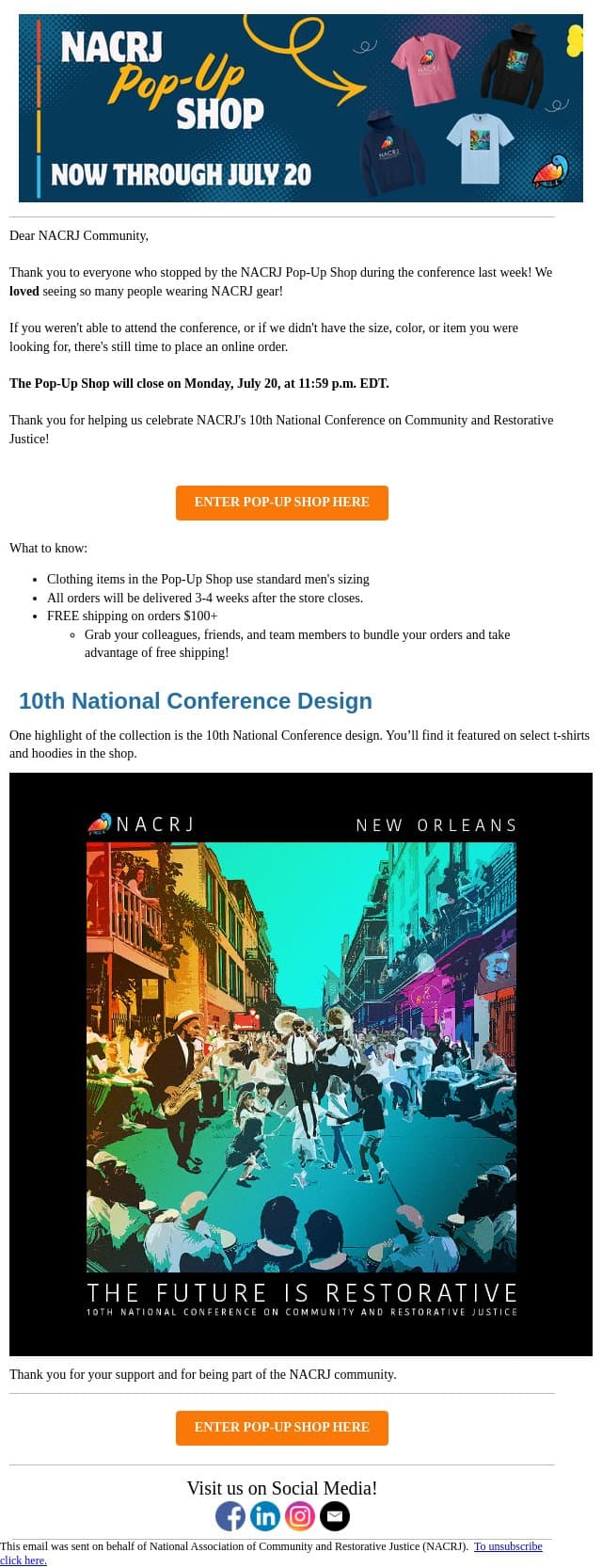NACRJ Pop-Up Shop Closes Mon, July 20 email from National Association of Community and Restorative Justice (NACRJ) screenshot