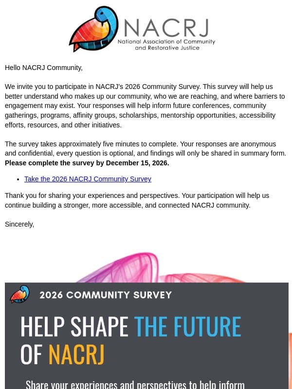 NACRJ: Help Shape the Future of NACRJ - 2026 Community Survey email from National Association of Community and Restorative Justice (NACRJ)