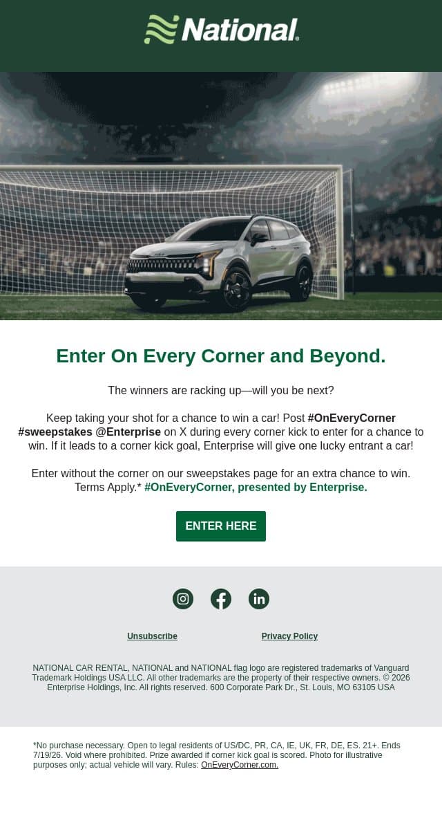 Enter Before the Final Whistle! email from National Car Rental screenshot
