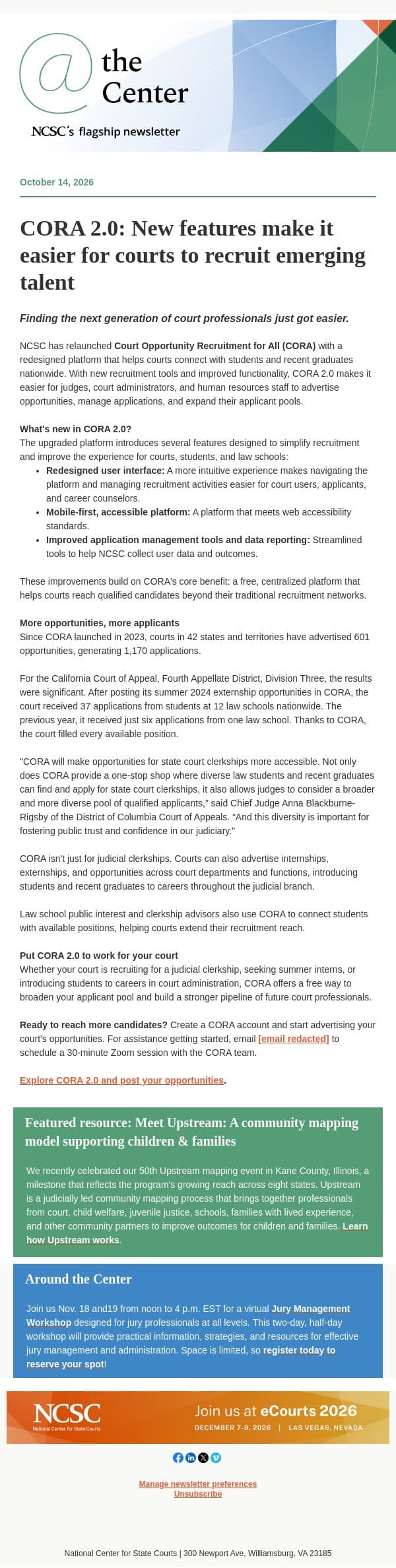 CORA 2.0: New features make it easier for courts to recruit emerging talent email from National Center for State Courts screenshot