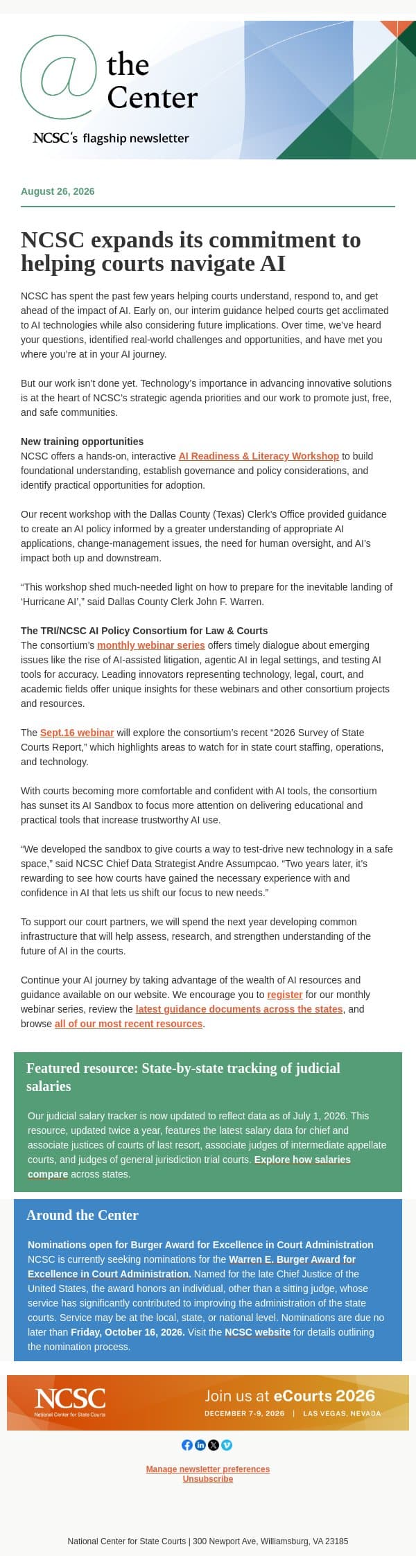 NCSC expands its commitment to helping courts navigate AI email from National Center for State Courts screenshot
