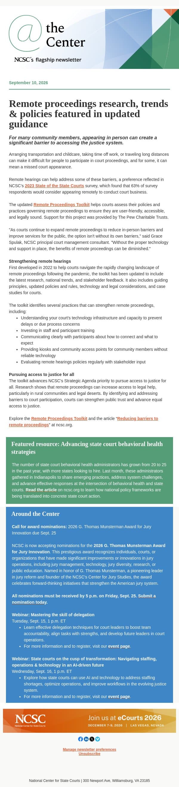 Remote proceedings research, trends & policies featured in updated guidance email from National Center for State Courts screenshot
