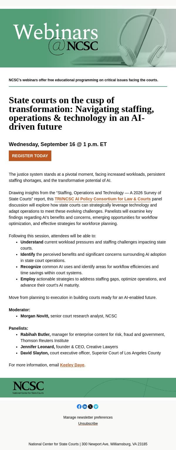Leverage technology and AI to navigate evolving challenges email from National Center for State Courts screenshot