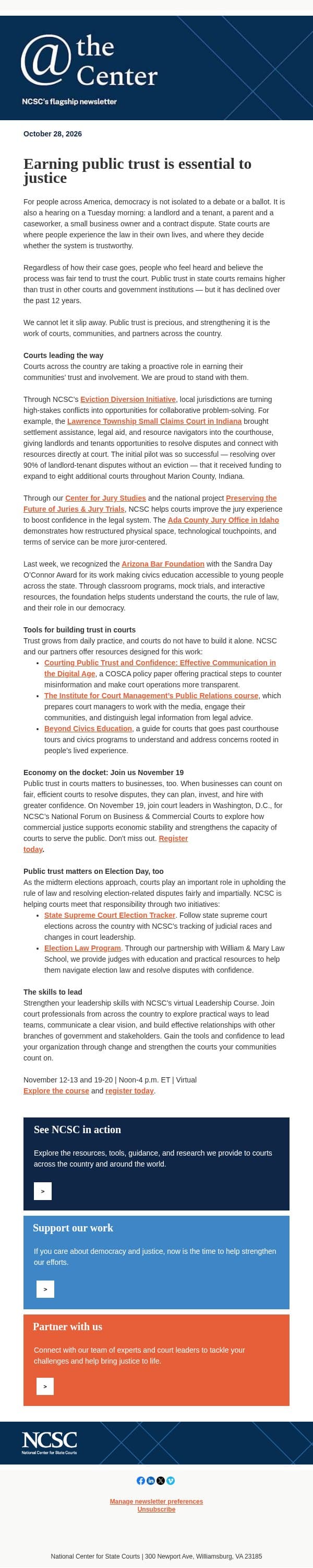 Earning public trust is essential to justice email from National Center for State Courts screenshot
