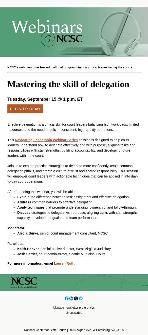 Unlock the power of delegation for operational success email from National Center for State Courts screenshot